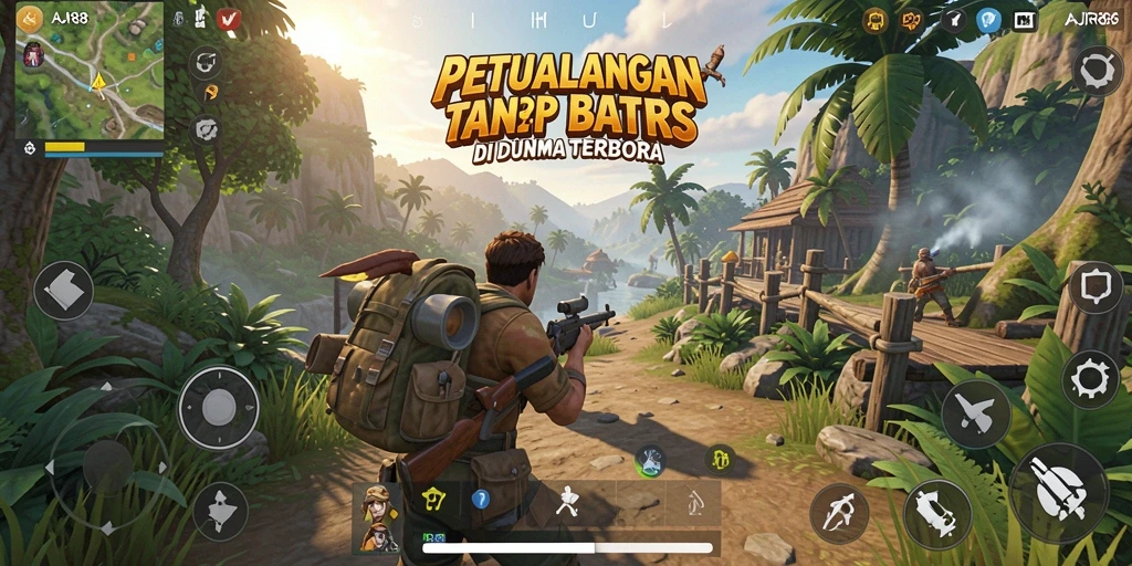 Tampilan gameplay AJR88 di dunia terbuka yang luas dan penuh warna.