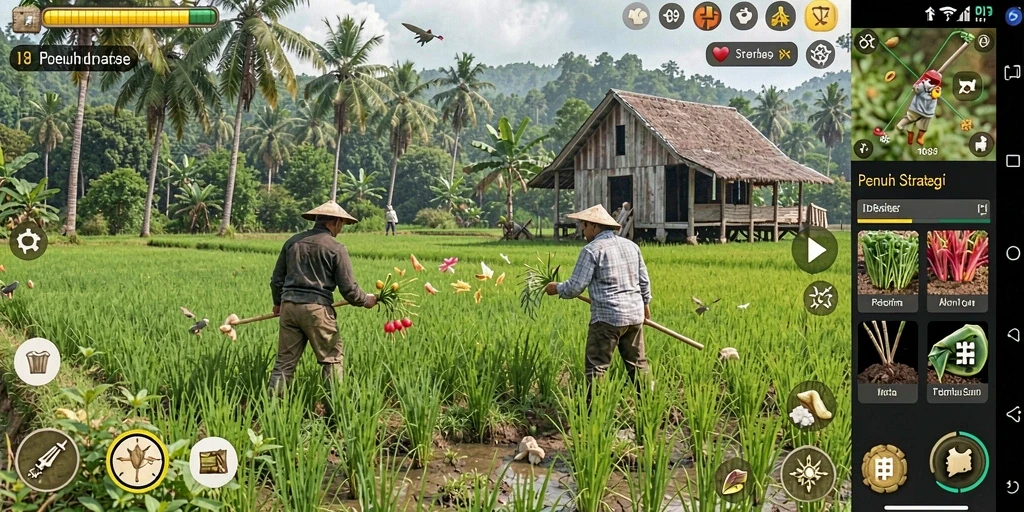 Screenshot gameplay <strong>IDR89</strong> menampilkan ladang yang subur dan aktivitas bertani.