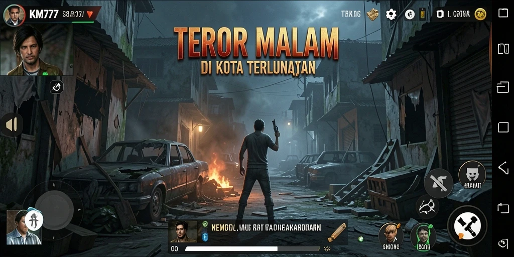 Screenshot gameplay KM777 menunjukkan suasana mencekam dan karakter menyeramkan.