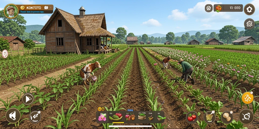 Screenshot gameplay KOKITOTO menampilkan kebun yang indah dan hewan ternak.
