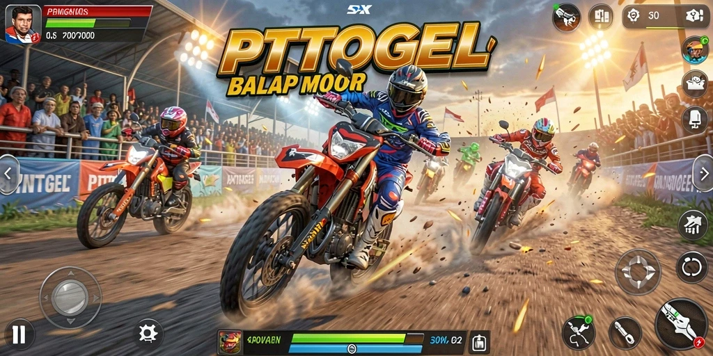Screenshot menampilkan aksi balapan motor yang intens dan penuh kecepatan.