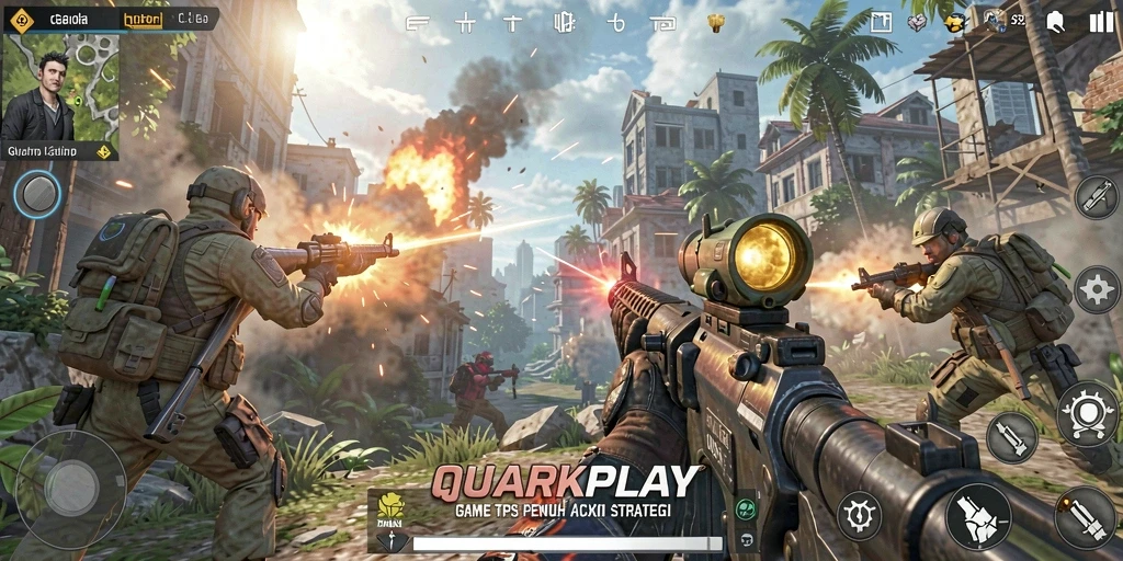 Screenshot gameplay QUARKPLAY menampilkan aksi seru dalam pertempuran TPS.