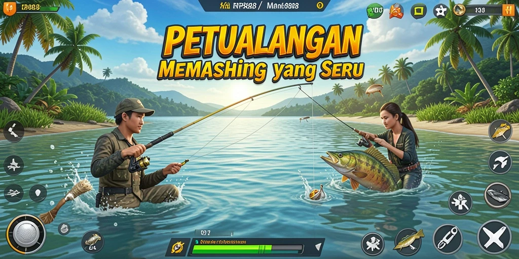 Screenshot gameplay RP888 menampilkan keseruan memancing di laut yang indah.