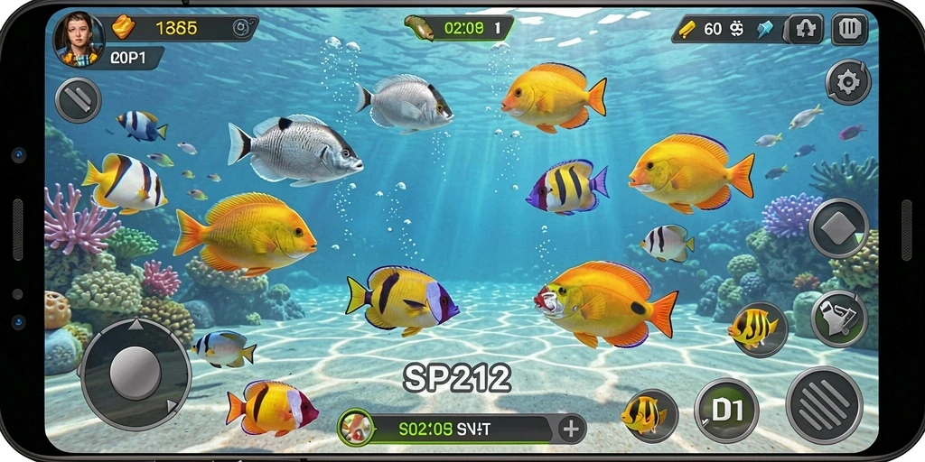 Screenshot utama SP212 menampilkan aksi menembak ikan yang seru.