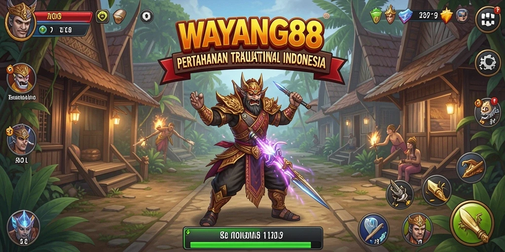 Tampilan menarik karakter wayang dalam pertempuran Tower Defense.